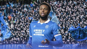 Youssef Chermiti in front of Rangers fans at Ibrox