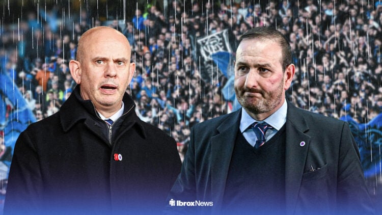Patrick Stewart and Kevin Thelwell looking miserable in the rain as Rangers fans are behind them.