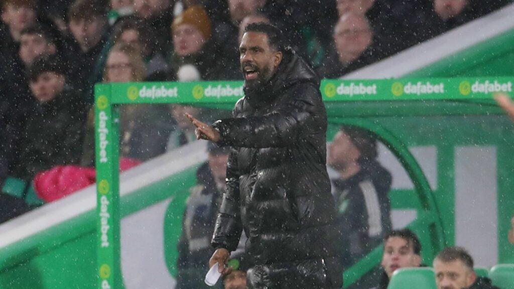 Wilfried Nancy at raining Parkhead in first Celtic game in charge vs Hearts