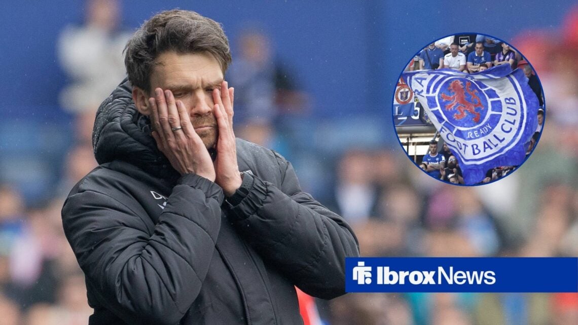 Danny Rohl looking disappointed with Rangers badge in circle