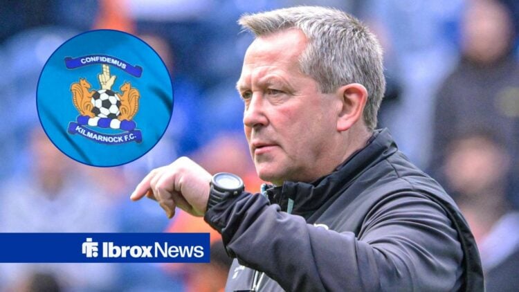 Billy Dodds looking at Kilmarnock badge in circle