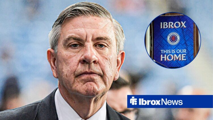 Andrew Cavenagh with Rangers banner at Ibrox Stadium in circular inset.