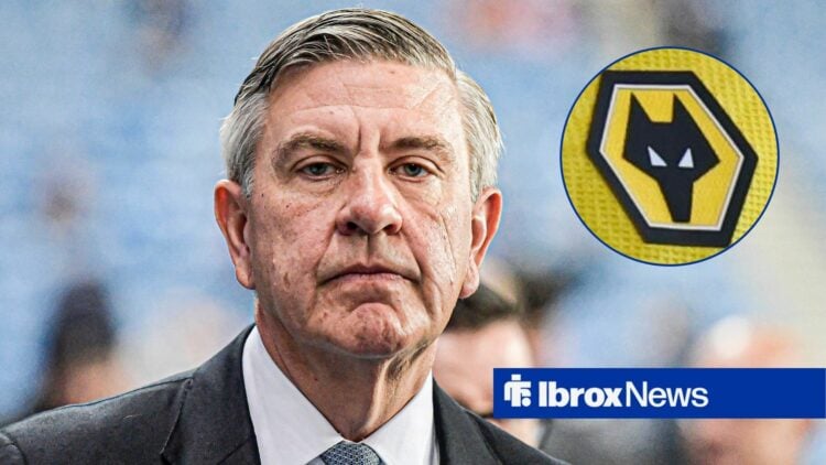 Andrew Cavenagh looking at Wolves badge in circle