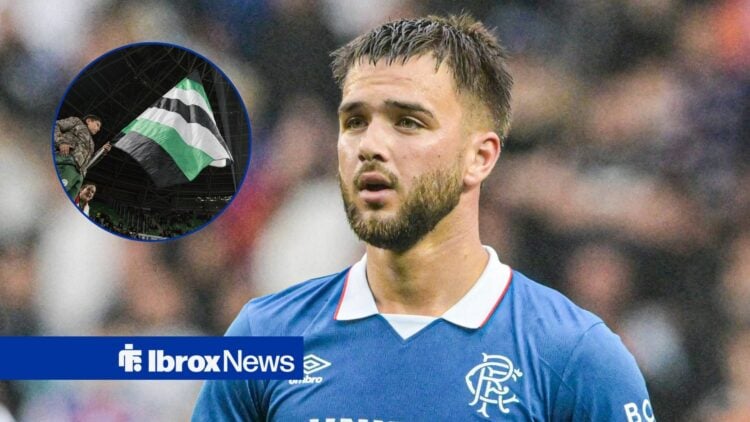 Nico Raskin looking at Ferencvaros flag in circle