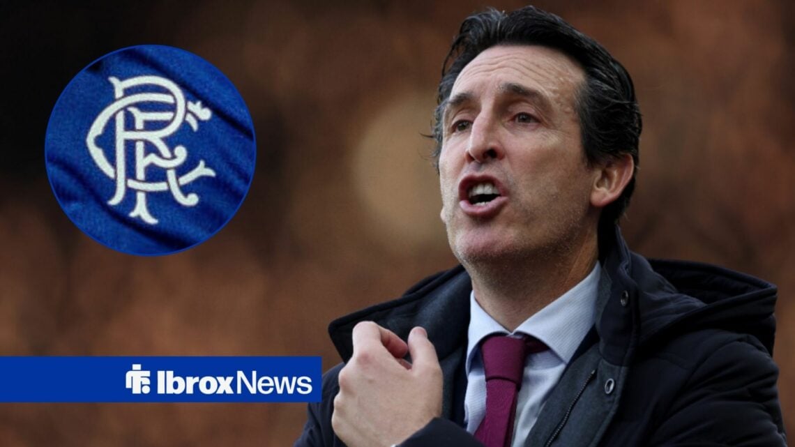 Aston Villa manager Unai Emery shouting looking towards a Rangers badge in a circle inset
