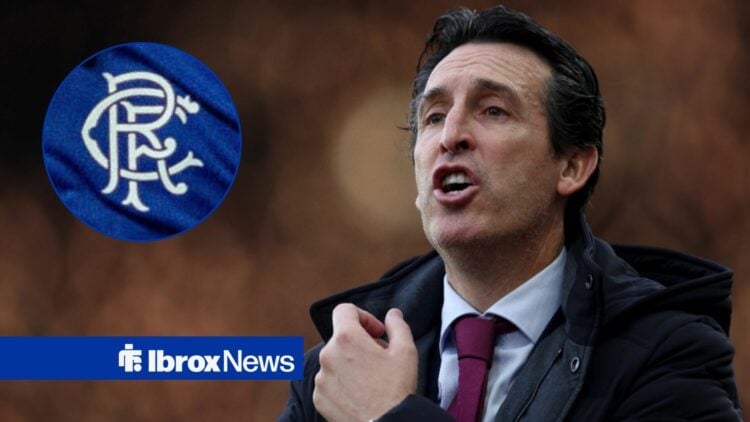 Aston Villa manager Unai Emery shouting looking towards a Rangers badge in a circle inset