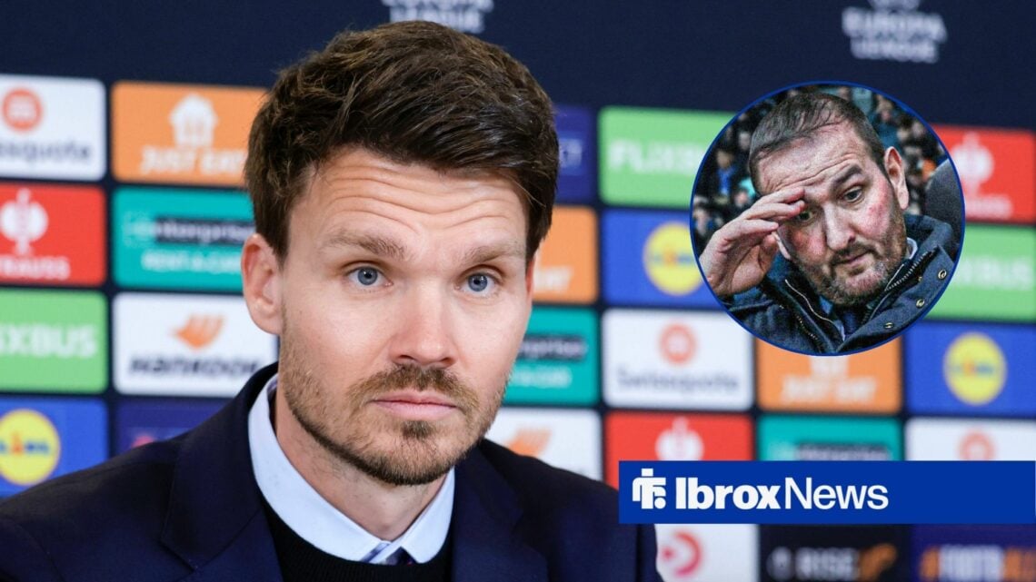 Danny Rohl looking at Kevin Thelwell, who is covering his face.