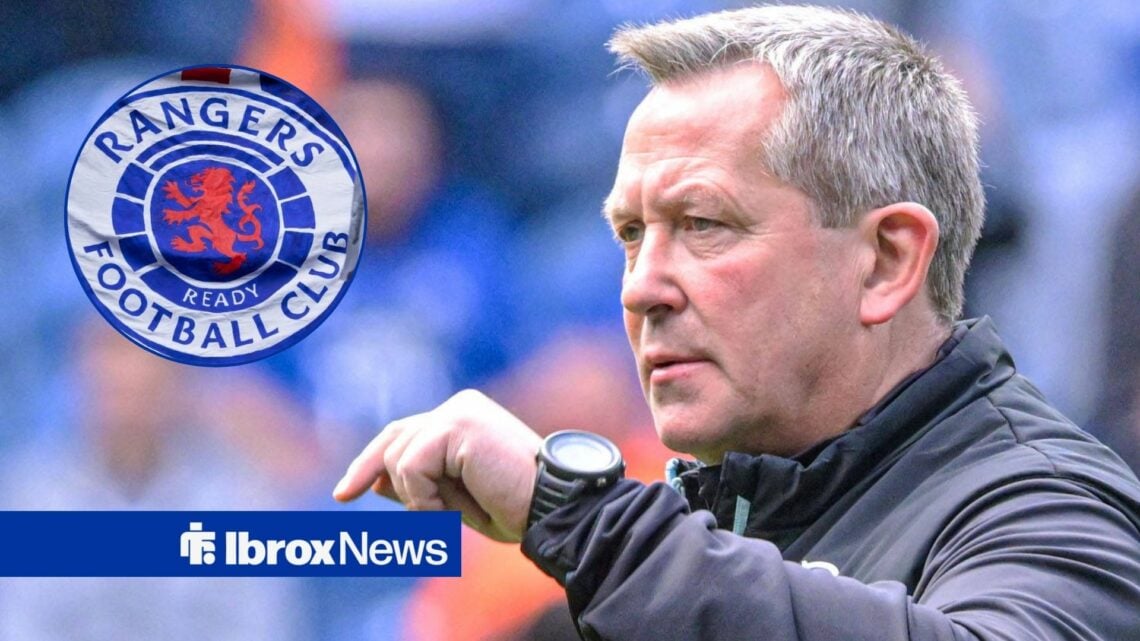Billy Dodds alongside a circle inset of the Rangers badge.