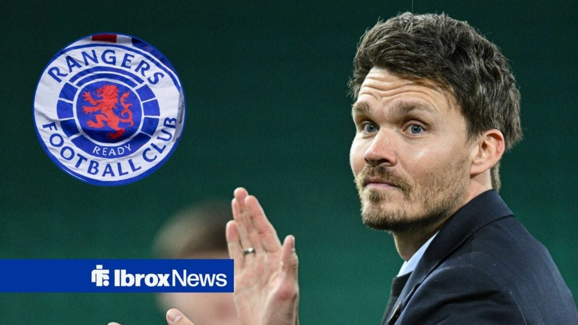 Danny Rohl alongside a circle inset of the Rangers badge.