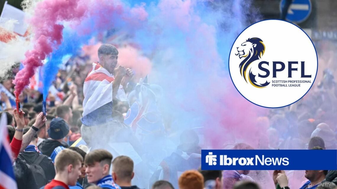 Rangers fans setting off flares next to a circle inset of the SPFL logo
