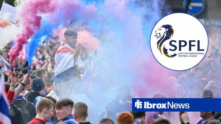 Rangers fans setting off flares next to a circle inset of the SPFL logo
