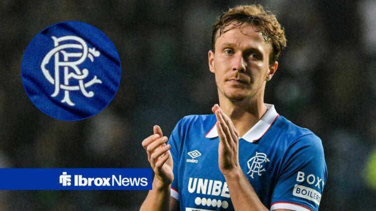 Kieran Dowell clapping while playing for Rangers looking towards a circle inset of the Rangers badge