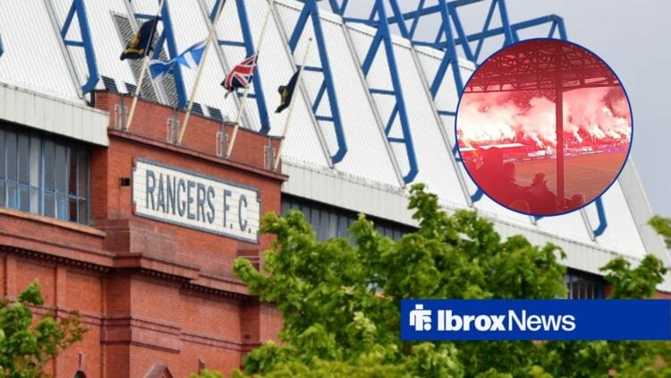 An image of Ibrox alongside a circle inset of Rangers fans setting off flares away to Kilmarnock at Rugby Park