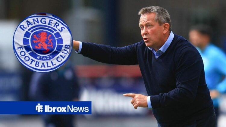 Billy Dodds alongside a circle inset of the Rangers badge.