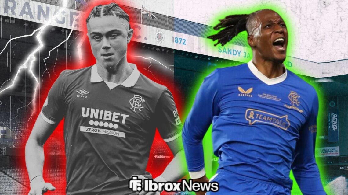Thelo Aasgaard playing for Rangers greyed out alongside Joe Aribo celebrating while playing for Rangers