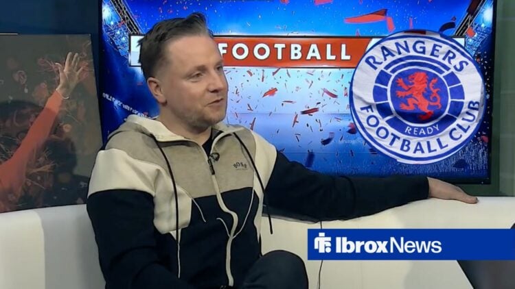 Tam McManus alongside a circle inset of the Rangers badge.