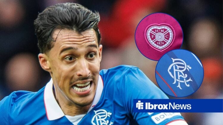 Bojan Miovski with Rangers and Hearts badge in frame