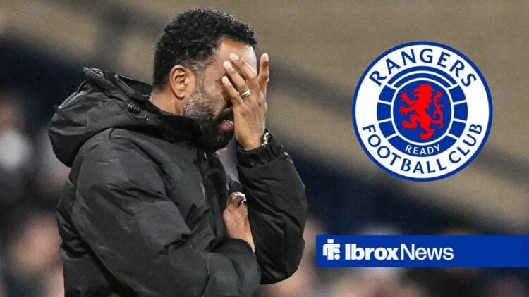 Wilfried Nancy covering his face in the direction of the Rangers badge.