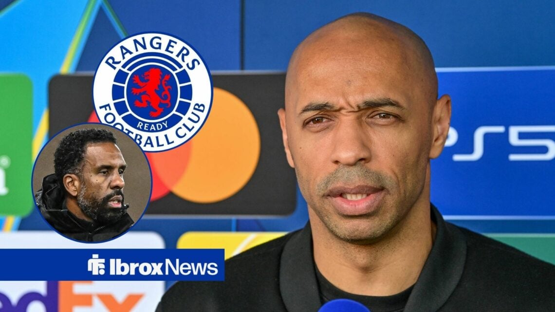 Thierry Henry looking in the direction of the Rangers badge and Wilfried Nancy.