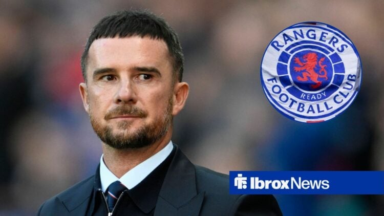 Barry Ferguson alongside a circle inset of the Rangers badge.