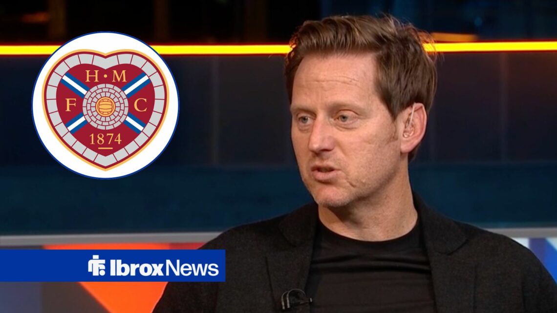 Michael Stewart alongside a circle inset of the Hearts badge.