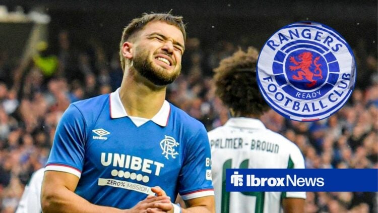 Nico Raskin alongside a circle inset of the Rangers badge.