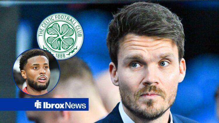 Danny Rohl looking in the direction of Youssef Chermiti and the Celtic badge.