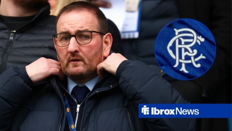 Kevin Thelwell looking in the direction of a Rangers crest