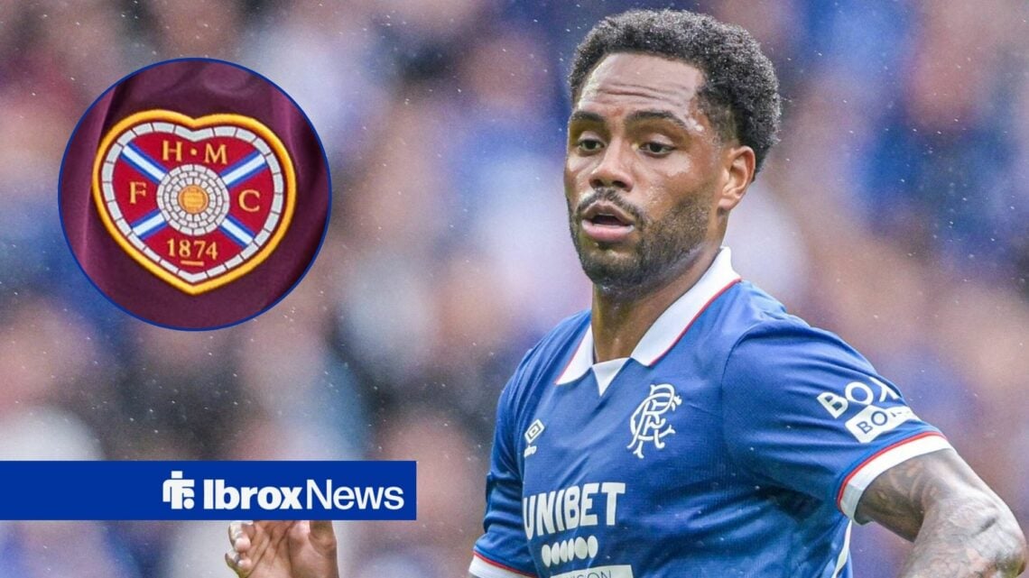 Danilo playing for Rangers looking towards a Hearts badge in a circle inset