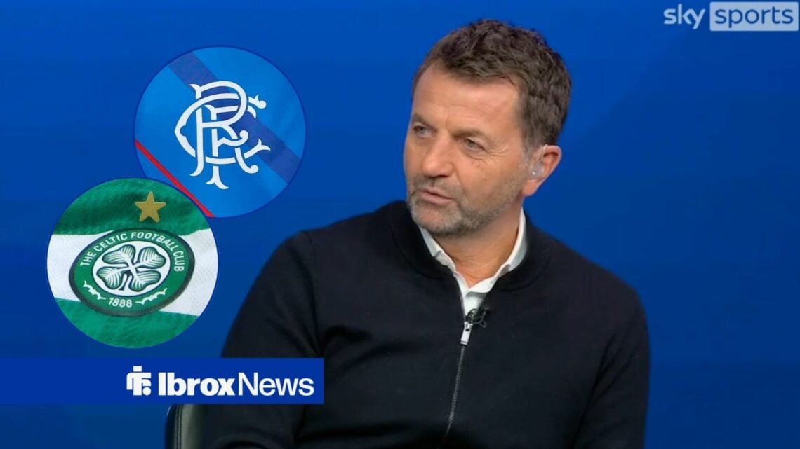 Tim Sherwood with Celtic and Rangers badges in circular insets.