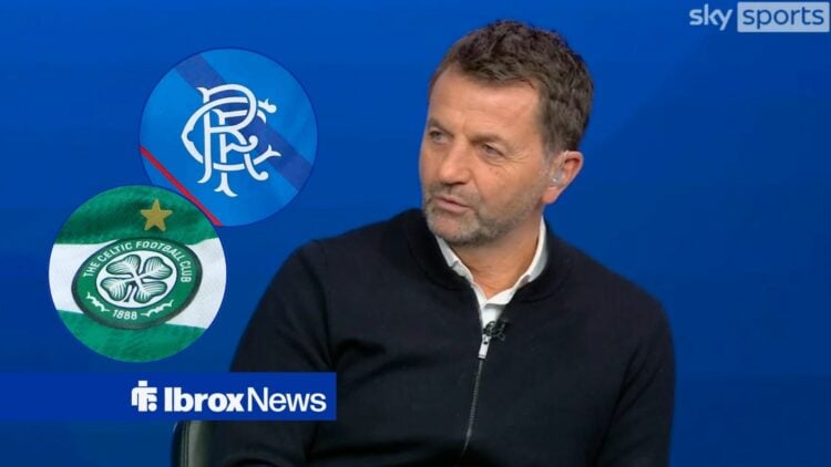 Tim Sherwood with Celtic and Rangers badges in circular insets.