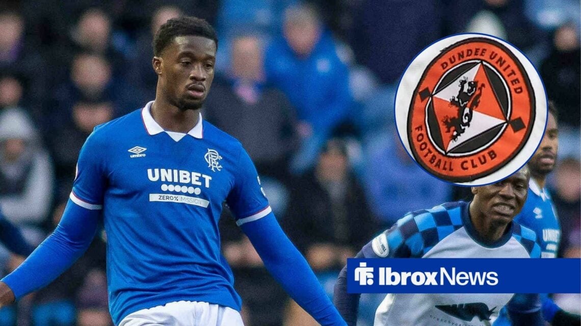 Jayden Meghoma looking down with Dundee United badge in corner