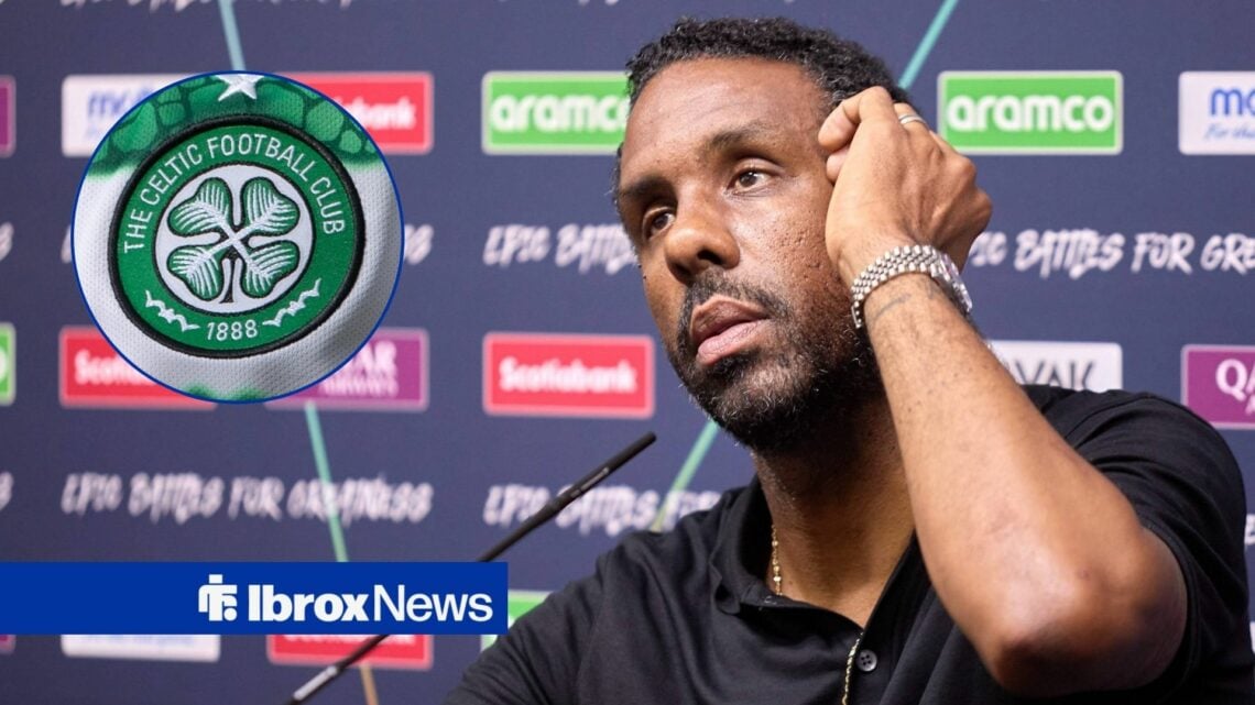 Wilfried Nancy looking annoyed in a press conference towards a Celtic badge