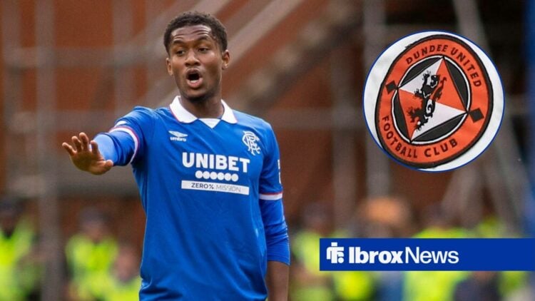 Jayden Meghoma with arm outstretched with Dundee United badge in circle