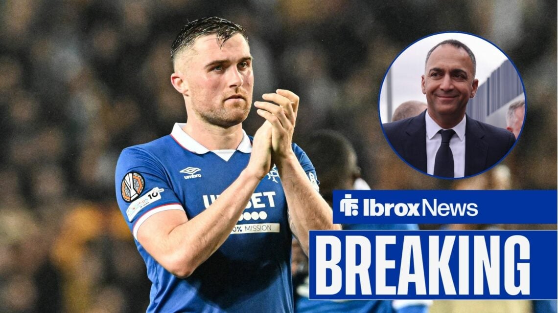 John Souttar applauds Rangers fans, with Paraag Marathe in a circular frame inset