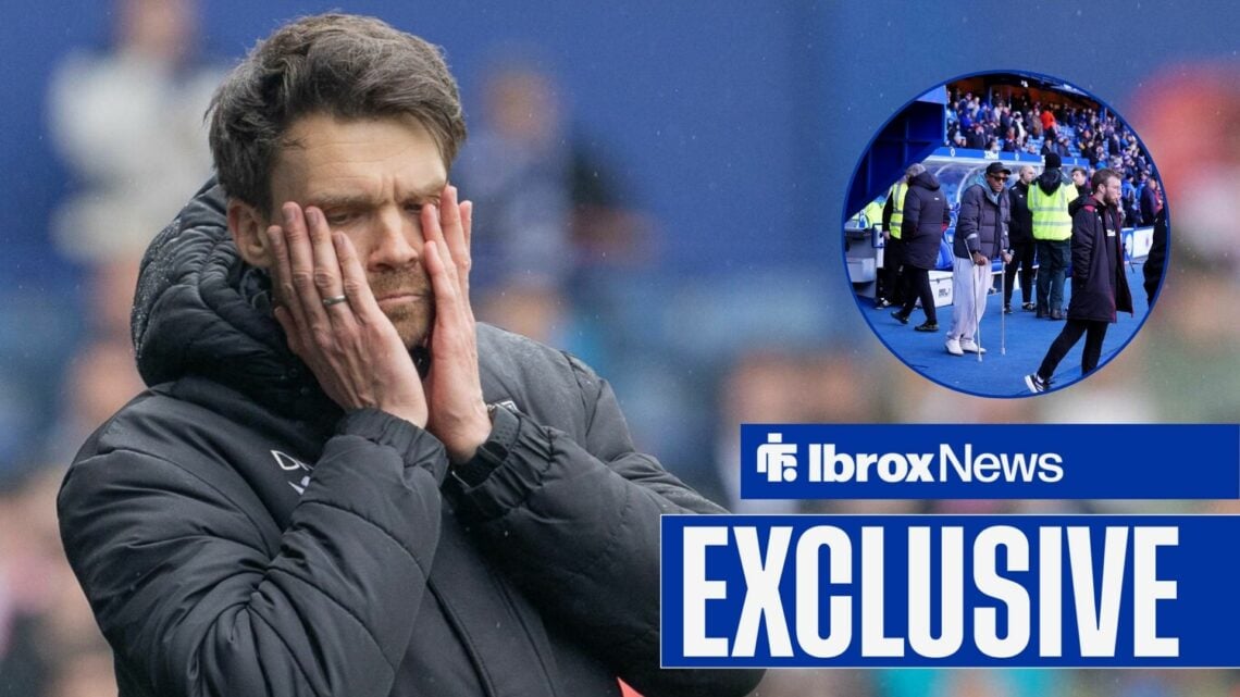 Danny Rohl with head his hands as Derek Cornelius on crutches in circular inset