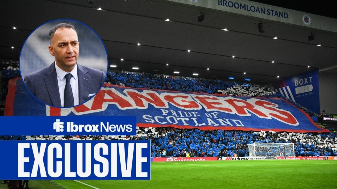 Rangers fans at Ibrox alongside a circle inset of Paraag Marathe