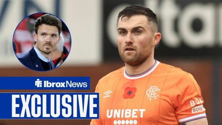 John Souttar in Rangers orange away kit with Danny Rohl in circular inset