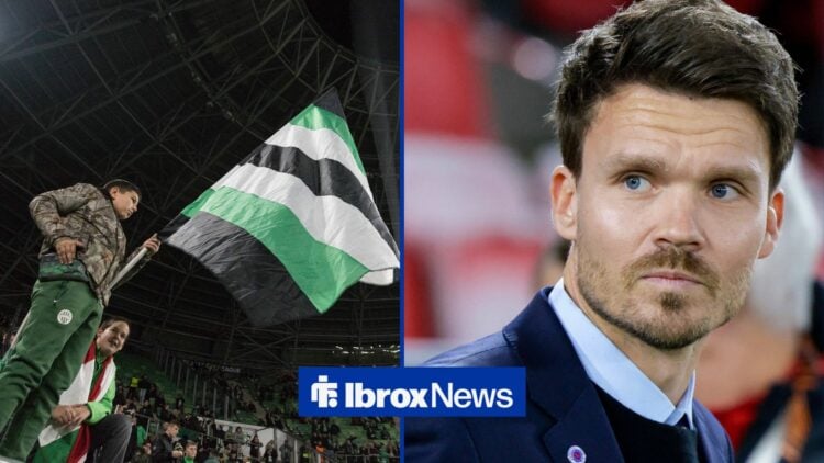 Danny Rohl looking left with Ferencvaros fans in 50/50 image split