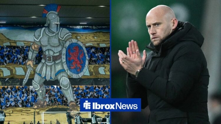 Rangers fans at Ibrox at Hibernian manager David Gray