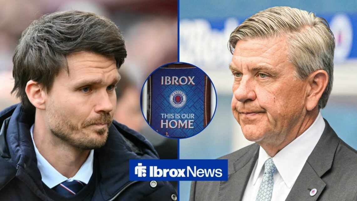 Danny Rohl and Andrew Cavenagh look towards a circular frame inset of an Ibrox banner