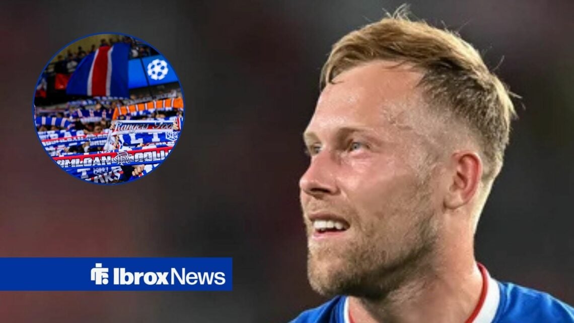 Scott Arfield looking at Rangers fans in circular inset