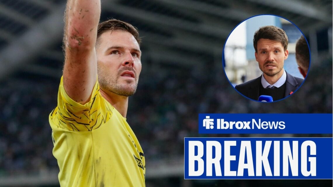 Jack Butland raises his arm in celebration with Danny Rohl being interviewed in a round overlay above a breaking news banner