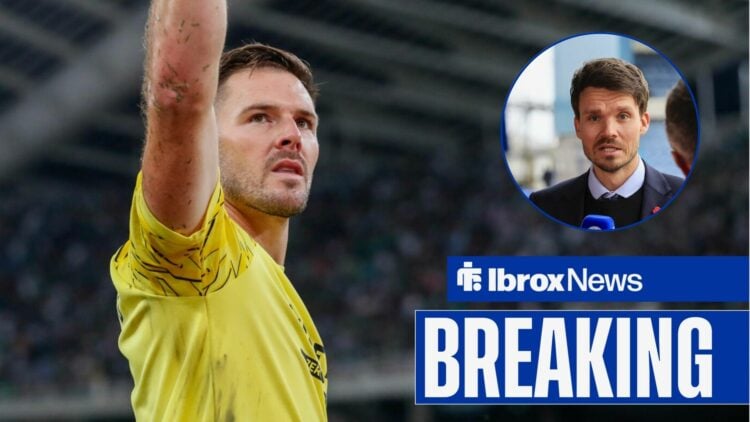 Jack Butland raises his arm in celebration with Danny Rohl being interviewed in a round overlay above a breaking news banner