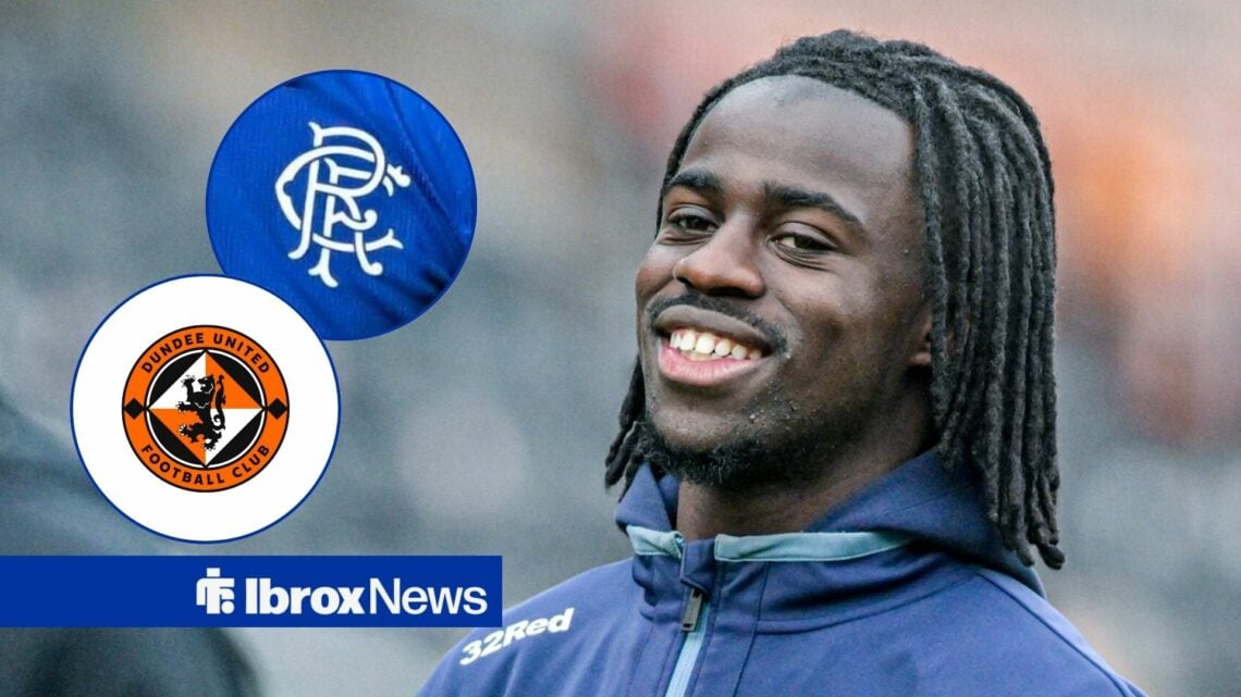 Rangers star Clinton Nsiala smiling, Rangers and Dundee United badges in inset.