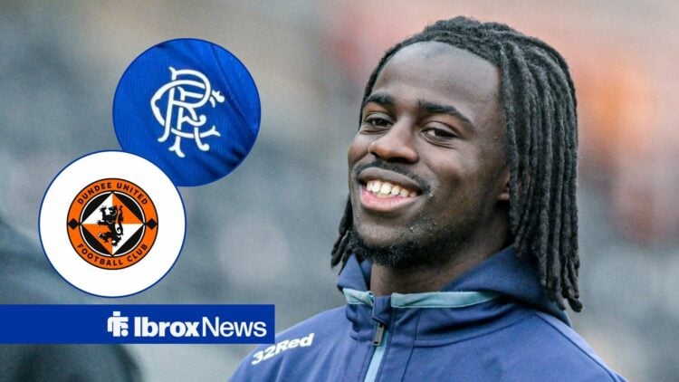 Rangers star Clinton Nsiala smiling, Rangers and Dundee United badges in inset.
