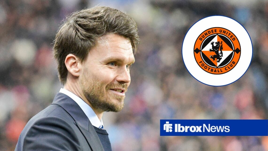 Rangers boss Danny Rohl looking happy, Dundee United badge in inset.