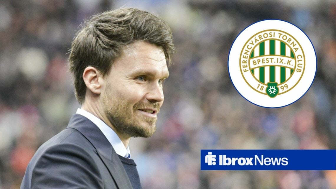 Rangers boss Danny Rohl smiling, Ferencvaros badge in inset.