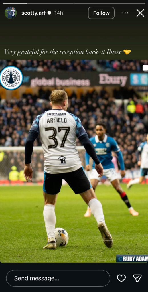 Scott Arfield thanking Rangers fans via Instagram