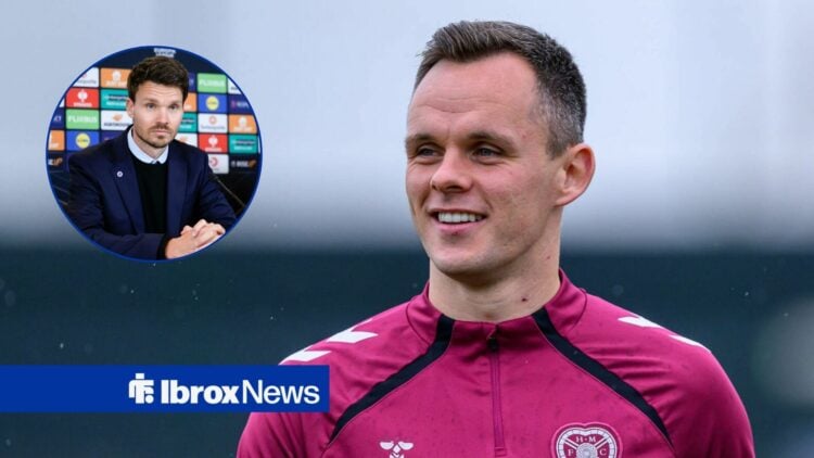 Hearts star Lawrence Shankland smiling, Rangers boss Danny Rohl in inset.